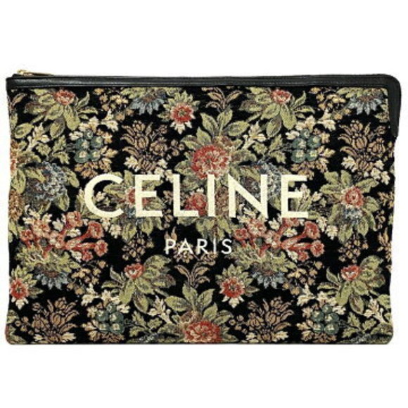Celine Clutch Bag Black Embroidered Pouch Jacquard Leather Zipper Floral - Picture 1 of 8